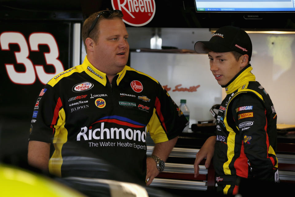 NEWTON, IA - MAY 16:  Crew chief Nick Harrison (L) talks to Brandon Jones, driver of the #33 Jeld-Wen/Menards Chevrolet, during practice for the NASCAR Xfinity Series 3M 250 at Iowa Speedway on May 16, 2015 in Newton, Iowa.  (Photo by Todd Warshaw/NASCAR via Getty Images)