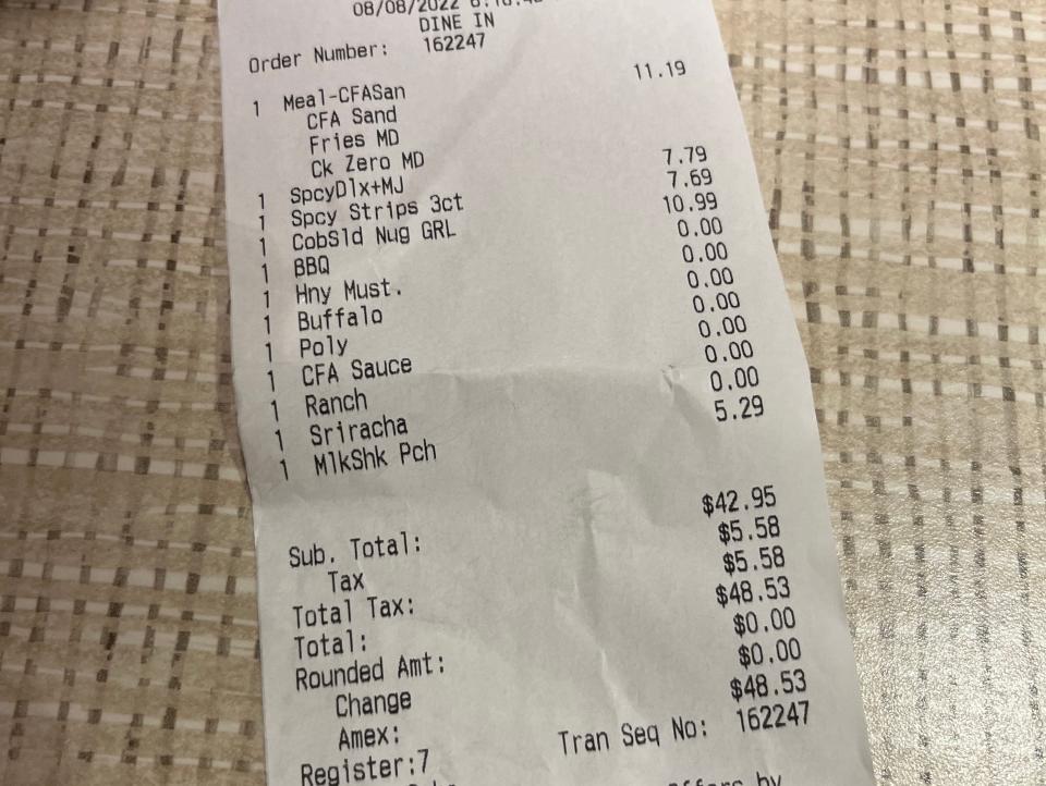 a picture of tiffany's receipt from chick fil a in toronto