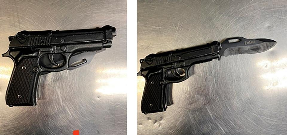 This photo combination provided by the Los Angeles Police Department shows Lee’s fake handgun with a real knife blade (AP)