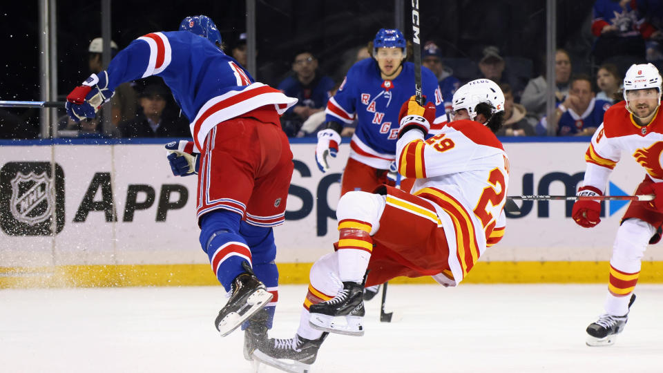 Rangers captain Jacob Trouba was on a mission to destroy in this one. (Getty)