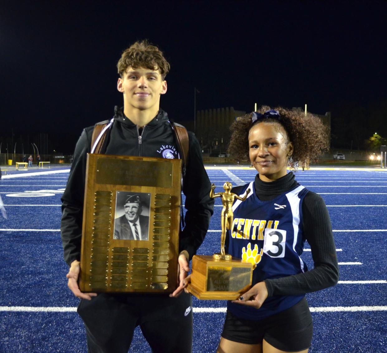 Lakeview's Davis Barr, left, and Battle Creek Central's Erykah Alexander were named the Most Outstanding Participants at the 2024 All-City Track Meet at Battle Creek Central on Friday.