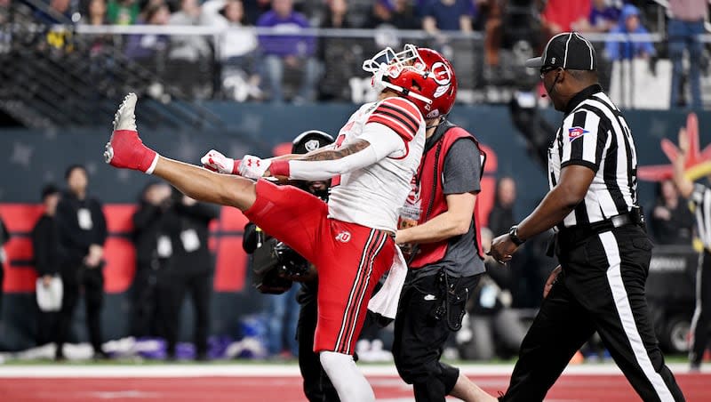 Utah Utes running back Micah Bernard (2) celebrates after scoring a touchdown as Utah and Northwestern play in the SRS Distribution Las Vegas Bowl at Allegiant Stadium on Saturday, Dec. 23, 2023. Northwestern won 14-7.