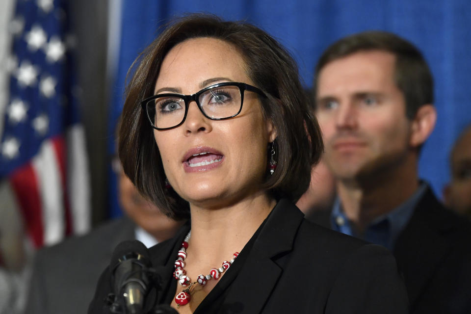 Lt Governor-Elect Jacqueline Coleman speaks to reporters following Governor-Elect Beshear's introduction of the transition team from the Capitol Rotunda in Frankfort, Ky., Friday, Nov. 15, 2019. (AP Photo/Timothy D. Easley)