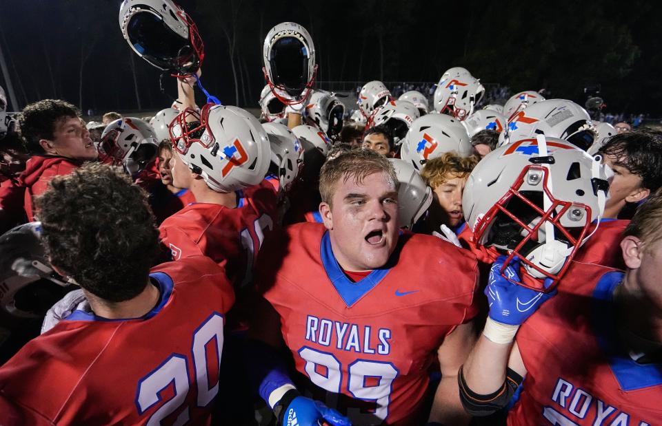 Roncalli Royals Luke Swartz (99) cheers with the team on Friday, Sept. 2, 2022, at Roncalli High School in Indianapolis. Roncalli Royals defeated the Bishop Chatard Trojans, 17-14. 