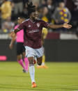 Colorado Rapids defender Lalas Abubakar celebrates after scoring a goal against Real Salt Lake in the second half of an MLS soccer match Saturday, May 20, 2023, in Commerce City, Colo. (AP Photo/David Zalubowski)