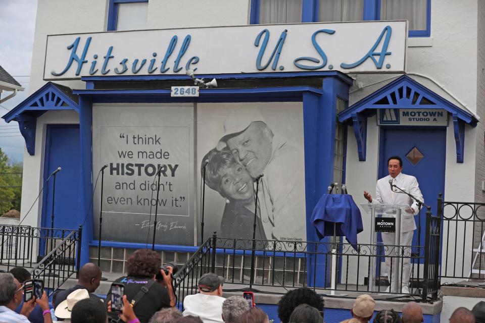 Smokey Robinson speaks to the crowd about how being part of the Motown family inspired him during the ceremony unveiling the new expansion to the Motown Museum on Monday, Aug. 8, 2022.