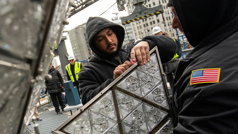 Workers Install New Waterford Crystals On Times Square New Year's Eve Ball at Times Square in New York