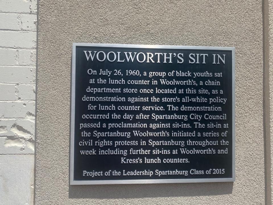 The marker at the location of the Spartanburg Woolworth's Sit In is shown.