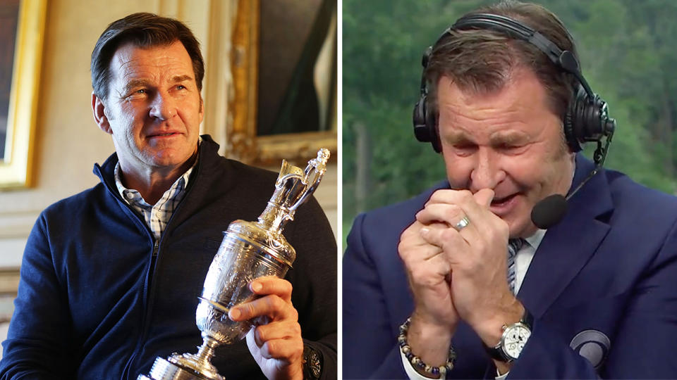 Sir Nick Faldo poses with a trophy at The Open and Faldo tears up during his farewell.