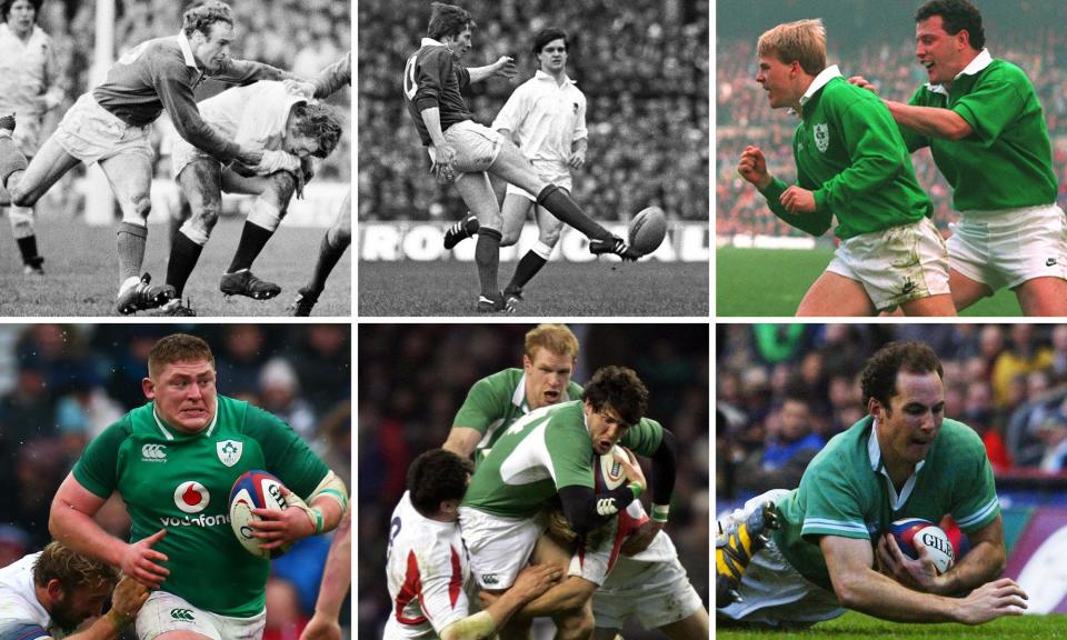 <span>Clockwise from top left: Mike Gibson tackles Steve Smith in 1974, Ollie Campbell kicks in 1982, Simon Geoghegan celebrates scoring a try in 1994, Girvan Dempsey goes over in 2004, Shane Horgan powers through in 2006, Tadhg Furlong on the move in 2018.</span><span>Composite: Getty/Shutterstock/PA</span>