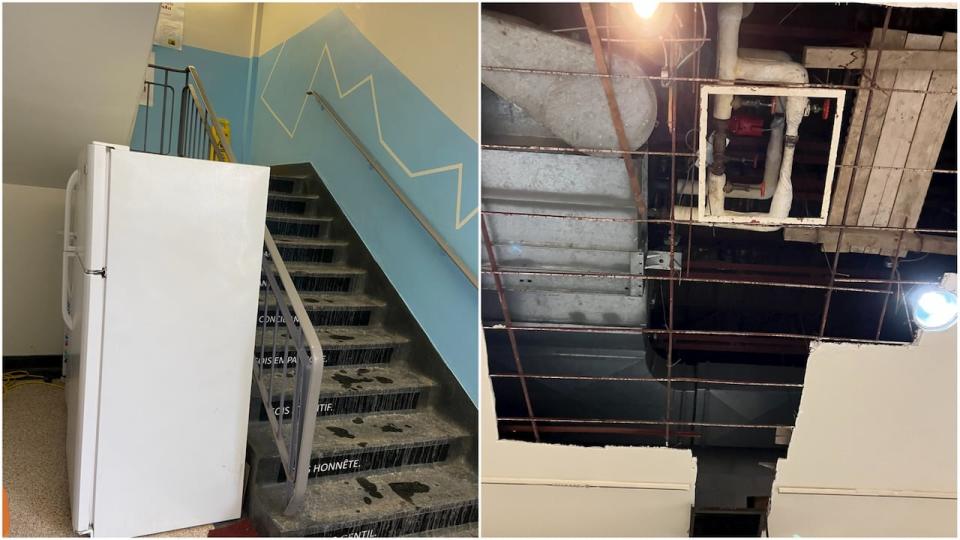 A fridge in the stairwell and a hole in the gym ceiling are examples of overcrowding and disrepair at École élémentaire publique Louise-Arbour in Ottawa.