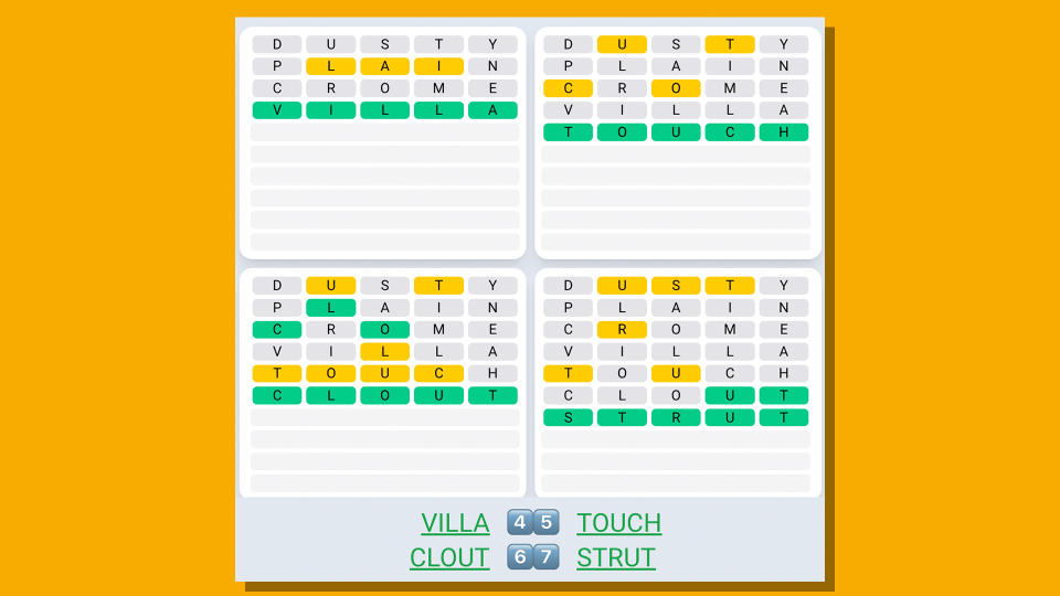 Quordle Daily Sequence answers for game 548 on a yellow background