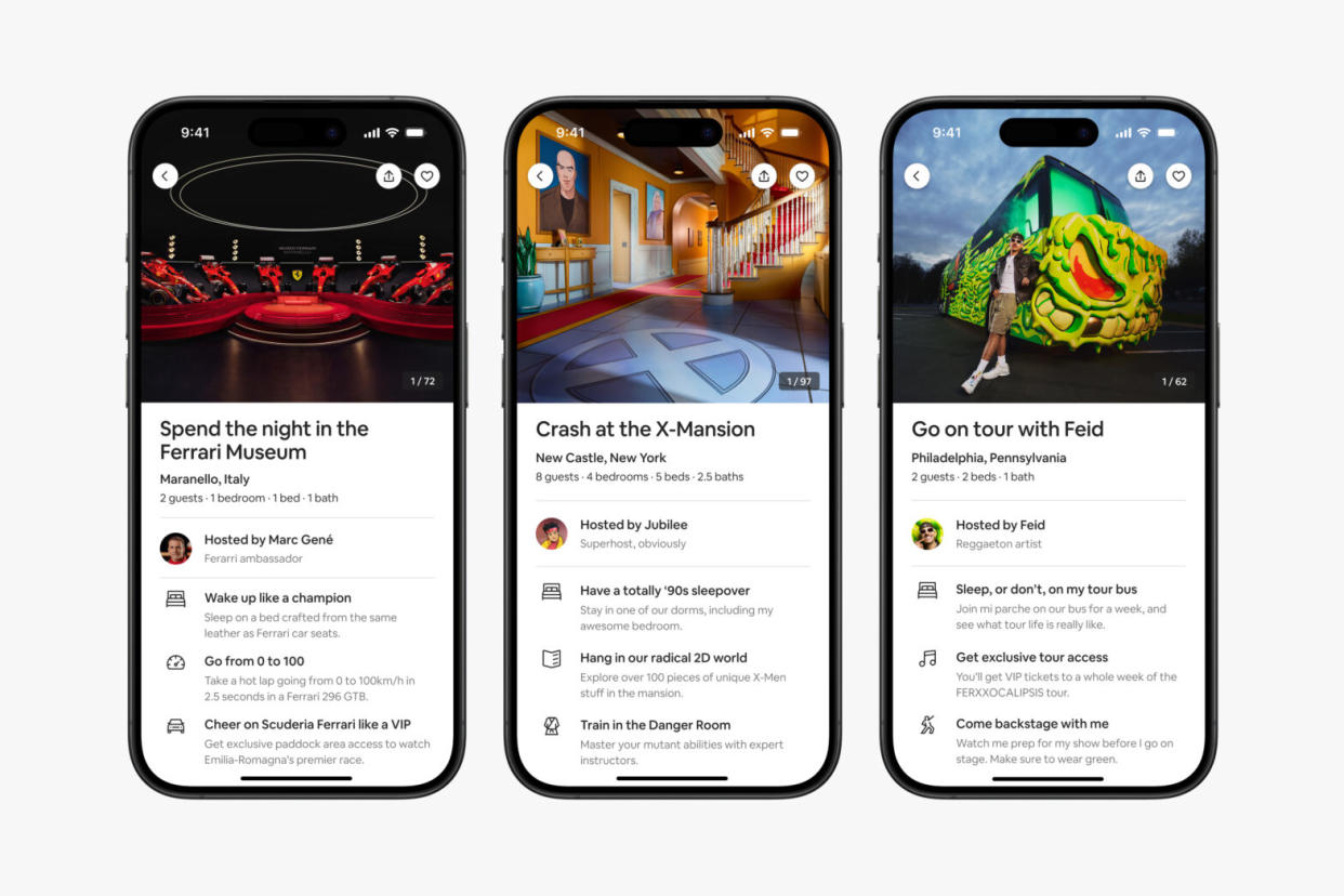 three phone screens featuring new Iconic stays on Airbnb