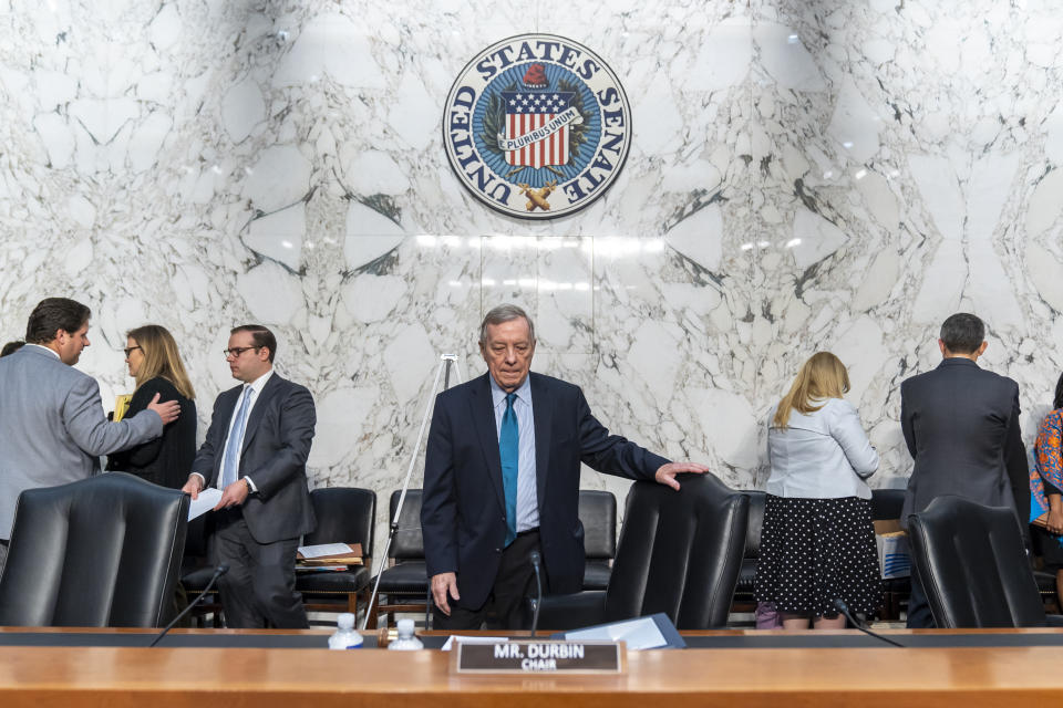 FILE - Senate Judiciary Committee chairman Sen. Dick Durbin, D-Ill., takes his seat for a markup business meeting of the Senate Judiciary Committee, on Capitol Hill, Thursday, Nov. 9, 2023, in Washington. A Senate committee has issued bipartisan subpoenas to the CEOs of Discord, Snap and X, demanding that the heads of the three companies testify at a December hearing on protecting children online. Durbin and Rep. Lindsey Graham, R-S.C., announced Monday, Nov. 20, that they had issued the subpoenas to Discord CEO Jason Citron, Snap CEO Evan Spiegel and Linda Yaccarino, the CEO of X, formerly known as Twitter. (AP Photo/Alex Brandon, File)