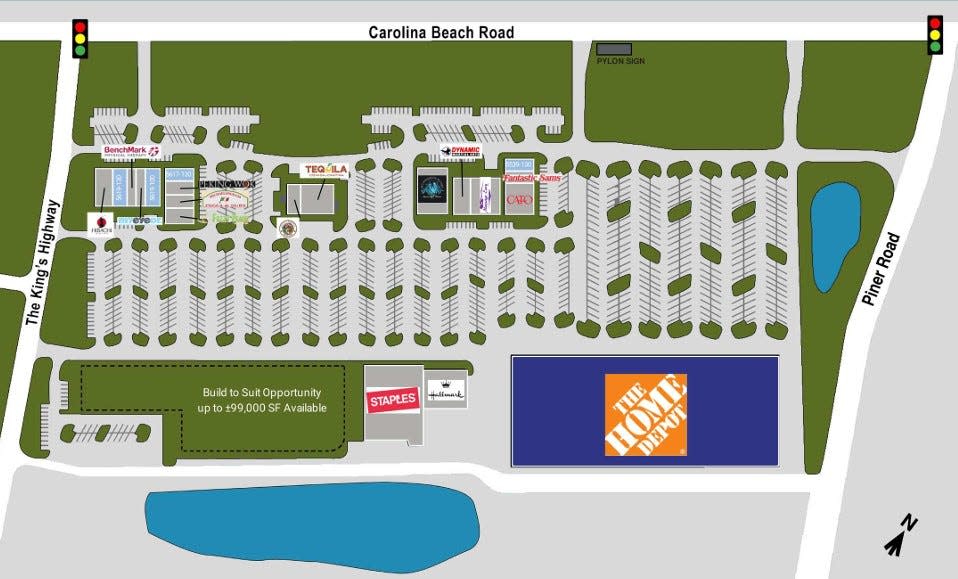A site plan shows the Village at Myrtle Grove, a shopping center located at the intersection of Carolina Beach and Piner Roads.