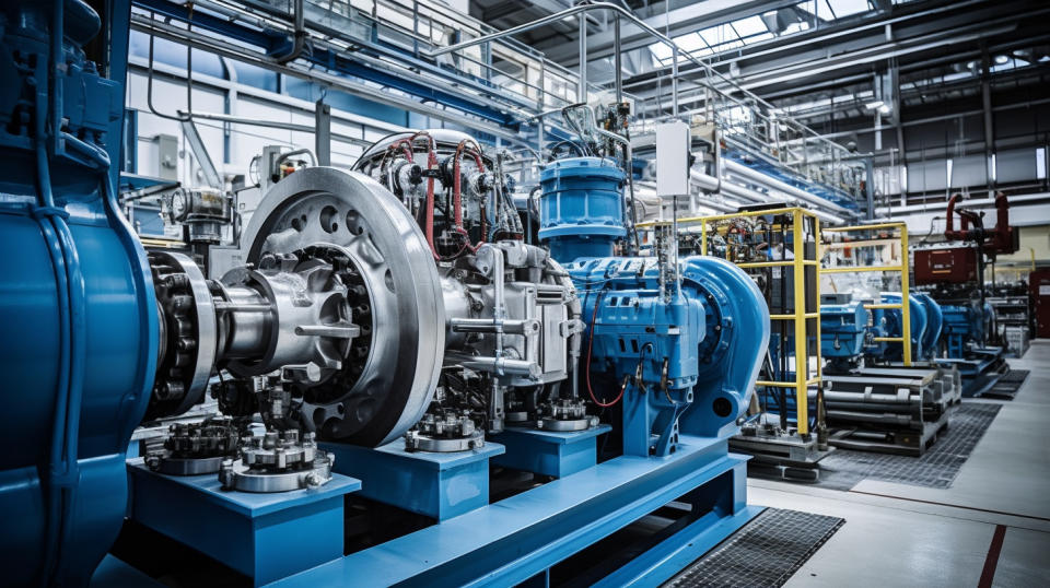 A group of industrial workers in coveralls operating a large scale pump system in a factory.