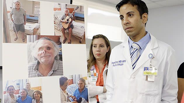 Dr. Urmen Desai, right and Dr. Wrood M. Kassira, both plastic surgeons, next to photos of Ronald Poppo.