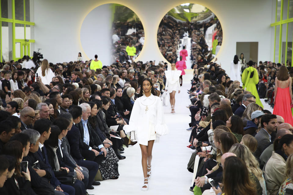 Models wear creations as part of the Valentino Ready To Wear Spring-Summer 2020 collection, unveiled during the fashion week, in Paris, Sunday, Sept. 29, 2019. (Photo by Vianney Le Caer/Invision/AP)