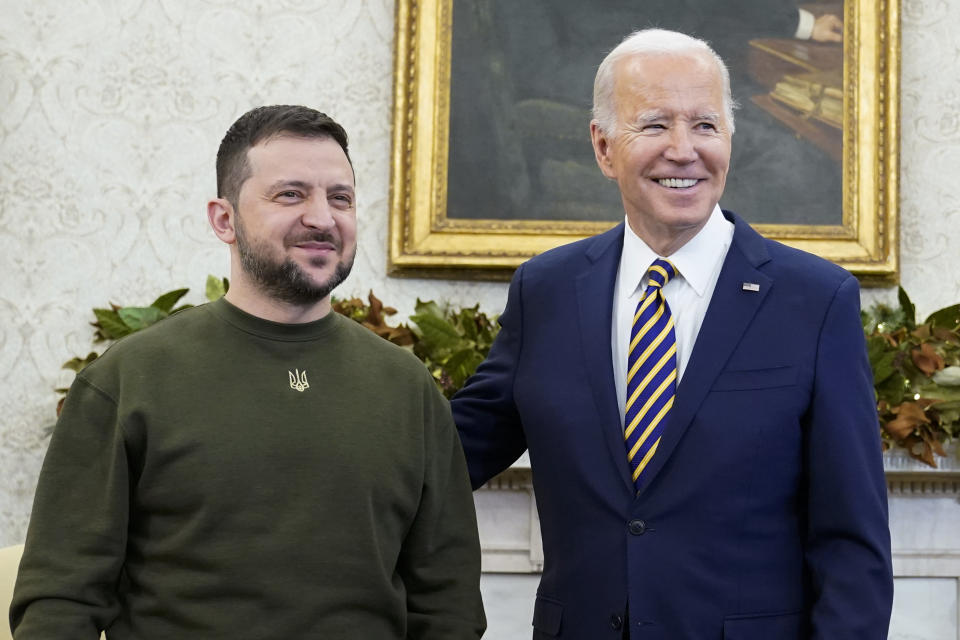 President Joe Biden meets with Ukrainian President Volodymyr Zelenskyy in the Oval Office of the White House, Wednesday, Dec. 21, 2022, in Washington. (AP Photo/Patrick Semansky)