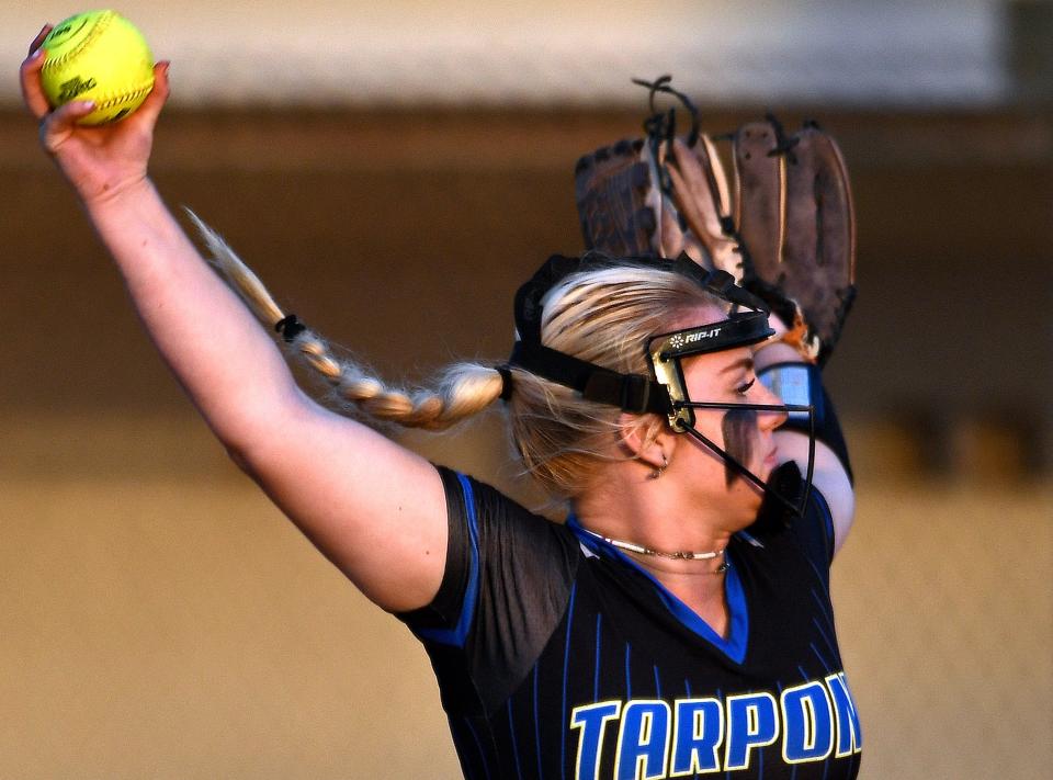 Charlotte High's Dava Hoffer pitches against Venice Tuesday night, March 28, 2023, at Venice High School.