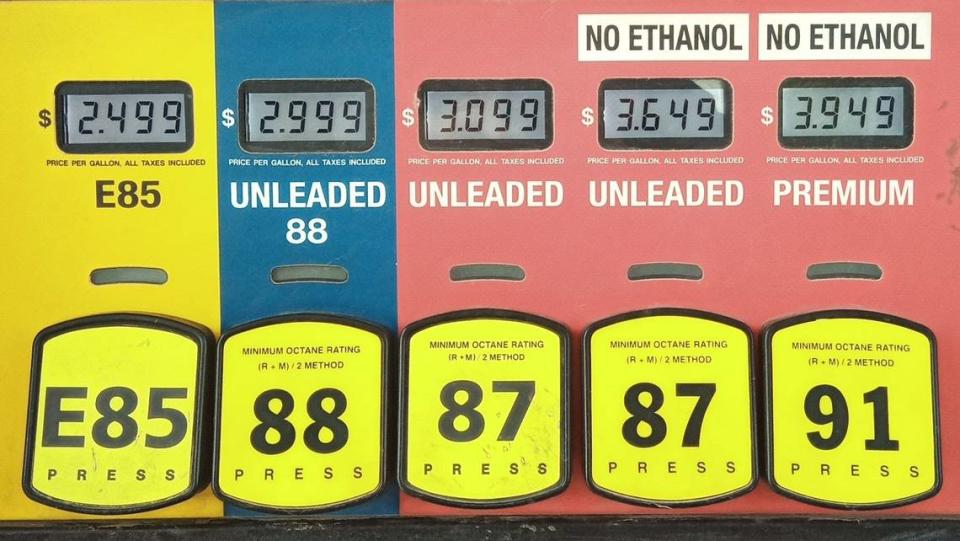 The fuel choices at a Casey’s station: E85 is a high-ethanol blend for Flex Fuel vehicles only; Unleaded 88 is E15, 15% ethanol, and you should check your car’s owner’s manual and warranty before using it; the standard unleaded is E10, with 10% ethanol and OK for use in almost all cars. No-ethanol gasolines are best for old and classic cars. No-ethanol fuel can be used in newer vehicles as well and will generally provide better mileage, but not enough to offset the extra cost.