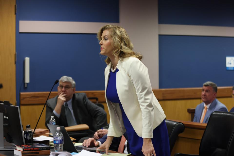 ATLANTA, GA - FEBRUARY 15: Ashleigh Merchant, attorney representing defendant Michael Roman, speaks during a hearing in the case of the State of Georgia v. Donald John Trump at the Fulton County Courthouse on February 15, 2024 in Atlanta, Georgia. Judge Scott McAfee is hearing testimony as to whether DA Fanni Willis and Special Prosecutor Nathan Wade should be disqualified from the case for allegedly lying about a personal relationship. (Photo by Alyssa Pointer-Pool/Getty Images)