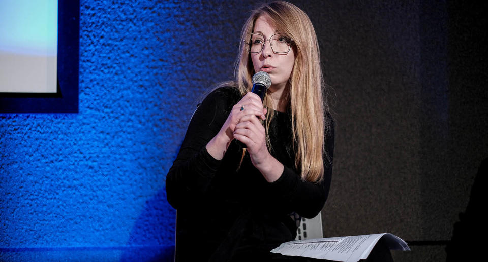 Victoria Amelina speaks at a public discussion during the 29th Lviv Book Forum on October 9, 2022 in Lviv, Ukraine.