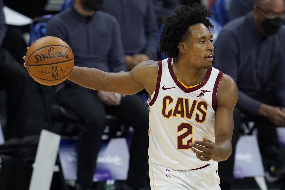 Cleveland Cavaliers guard Collin Sexton dribbles during the second half of the team's NBA basketball game against the Cleveland Cavalierss in Sacramento, Calif., Saturday, March 27, 2021. (AP Photo/Jeff Chiu)