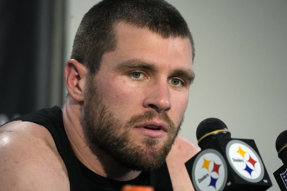 Pittsburgh Steelers linebacker T.J. Watt speaks during a press conference after an NFL football game against the Arizona Cardinals Sunday, Dec. 3, 2023, in Pittsburgh. The Cardinals won 24-10. (AP Photo/Gene J. Puskar)