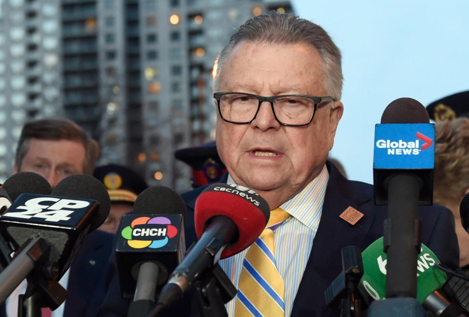 FILE - In this April 23, 2018, file photo, Canada's Public Safety Minister Ralph Goodale during a news conference in Toronto. Goodale said Friday, Jan. 18, 2019, that the country won't be deterred by Chinese pressure after China threatened reprisals if Huawei was banned from supplying equipment for 5G networks, highlighting the growing rift between America's neighbor and the emerging super power. (Nathan Denette/The Canadian Press via AP, File)