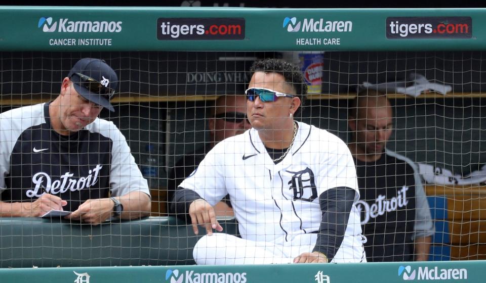 Detroit Tigers designated hitter Miguel Cabrera (24) watches the action against the Los Angeles Angels at Comerica Park in Detroit on Saturday, Aug. 20, 2022.