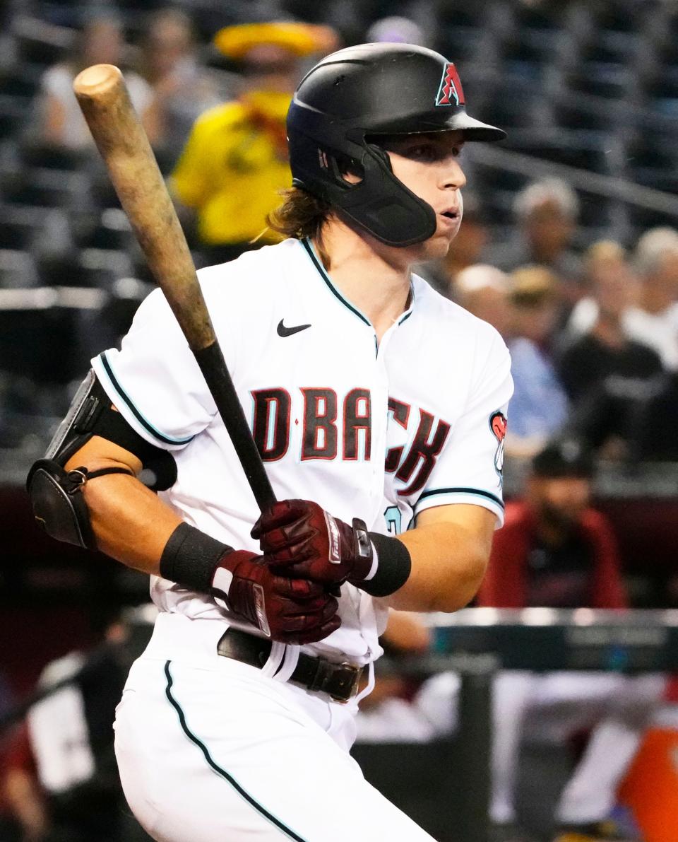 Sept. 1, 2022; Phoenix, Arizona, USA; Arizona Diamondbacks Jake McCarthy (30) takes a swing against the Milwaukee Brewers in the first inning at Chase Field.