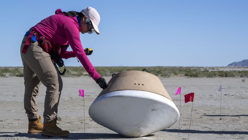 In this photo provided by NASA, recovery teams participate in field rehearsals to prepare for the retrieval of the sample return capsule from NASA’s OSIRIS-REx mission at the Department of Defense’s Utah Test and Training Range on Aug. 29, 2023. On Sunday, Sept. 24, 2023, the OSIRIS-REx spacecraft will fly by Earth and drop off what is expected to be at least a cupful of rubble it grabbed from the asteroid Bennu, closing out a seven-year quest.