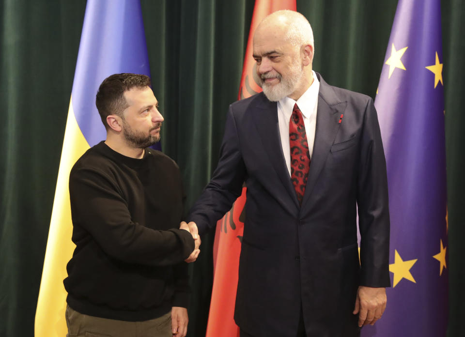 Albanian Prime Minister Edi Rama, right, welcomes Ukrainian President Volodymyr Zelenskyy before their meeting in Tirana, Albania, Wednesday, Feb. 28, 2024. Albania hosts on Thursday a summit of Southeastern European countries on peace, security and cooperation, focused on the war in Ukraine. (AP Photo/Armando Babani)