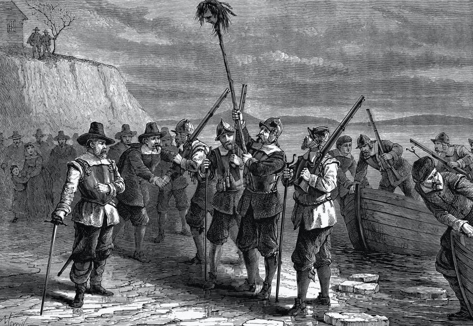 Illustration shows  American colonist Miles Standish returning to Massachusetts.