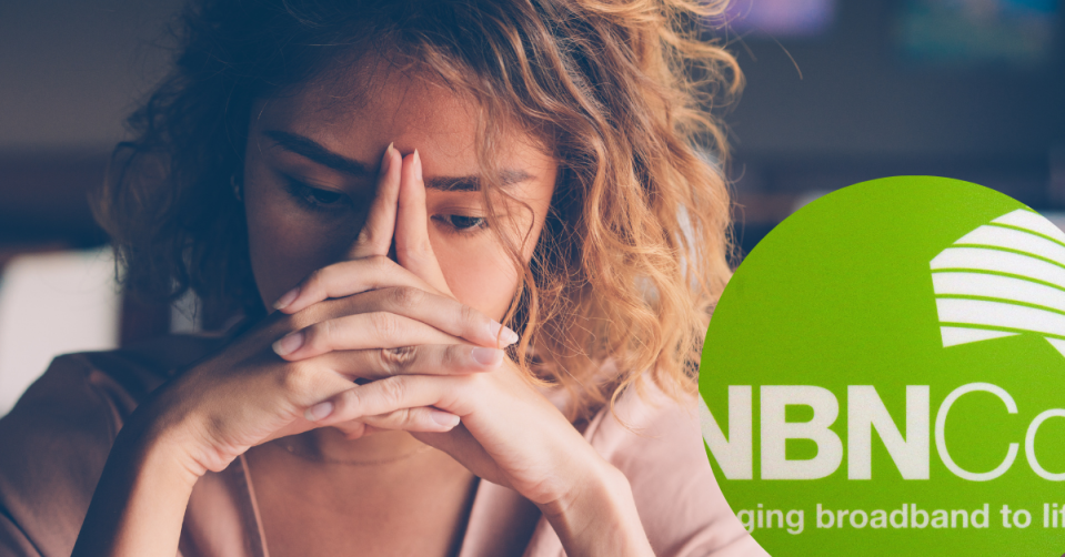 A woman looks concerned with an NBN logo inset