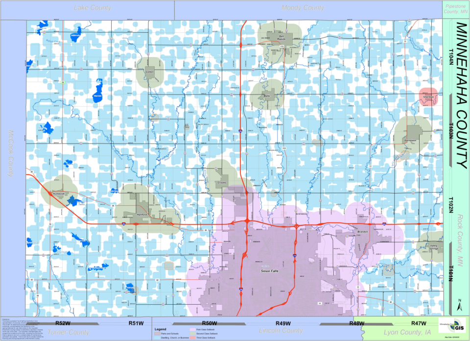 A map showing various setback boundaries for carbon dioxide and other transmission pipelines in Minnehaha County. The blue areas indicate a 750-foot setback for residential areas, businesses and churches. The white space indicates where carbon companies could route their pipeline.