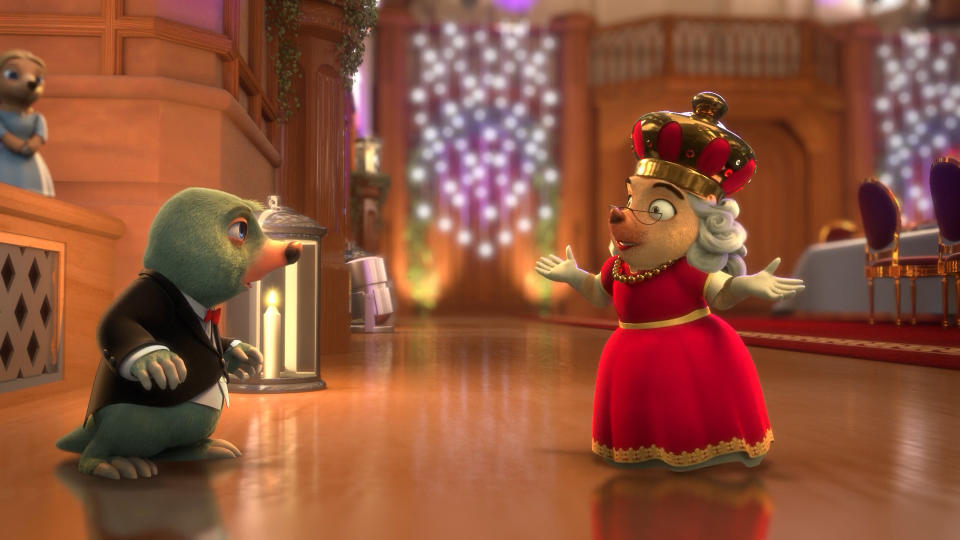 Moley, voiced by Warwick Davis, and the Queen, voiced by Dame Julie Walters (Boomerang)