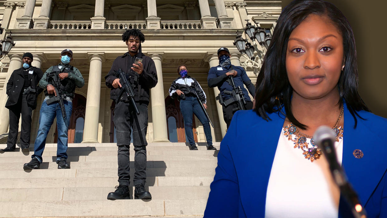 Activists prepare to escort Rep. Sarah Anthony into the Michigan state Capitol; Rep. Sarah Anthony