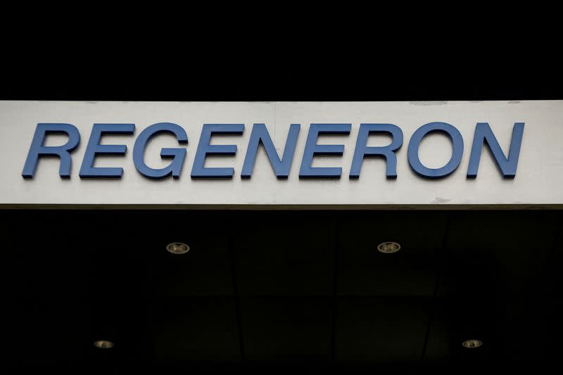 FILE PHOTO: The Regeneron Pharmaceuticals company logo is seen on a building at the company's Westchester campus in Tarrytown, New York