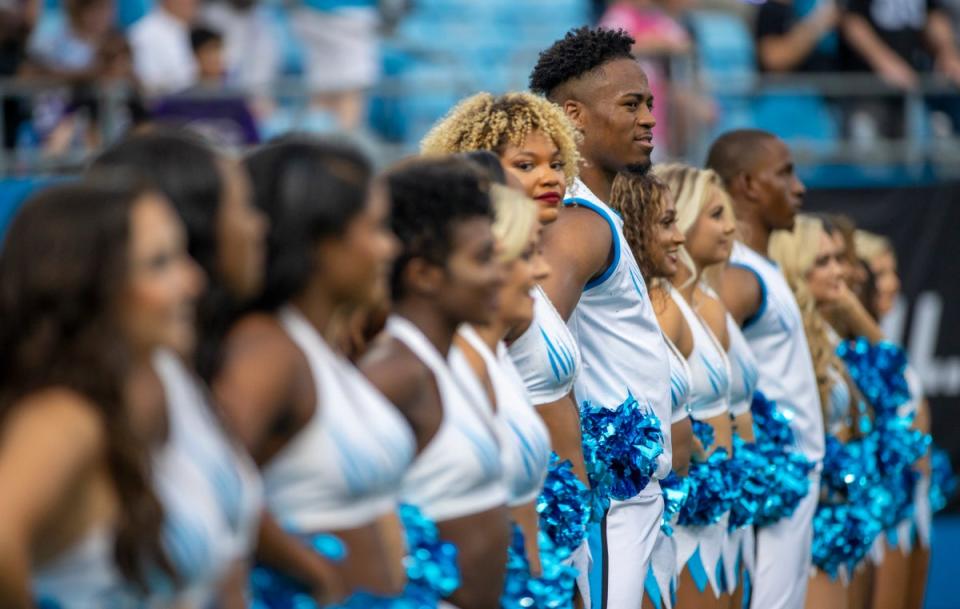 Carolina Panthers cheerleaders, pictured here before a pre-season game, are the highest paid in the NFL (Getty Images)