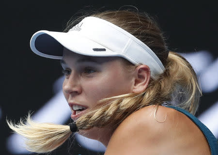 Tennis - Australian Open - Second Round - Melbourne Park, Melbourne, Australia, January 16, 2019. Denmark’s Caroline Wozniacki in action during the match against Sweden’s Johanna Larsson. REUTERS/Adnan Abidi