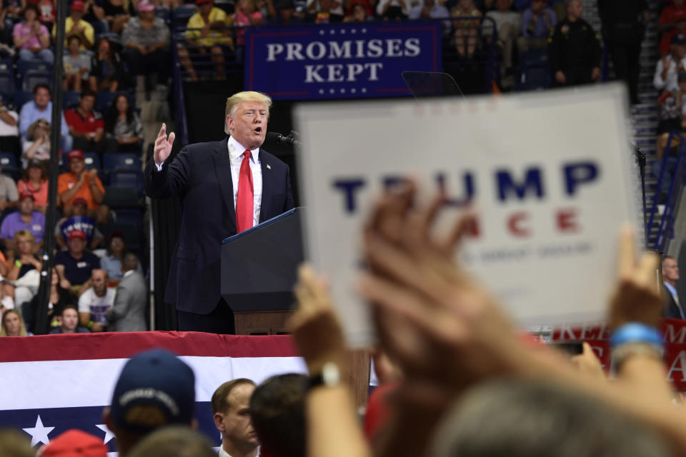 President Donald Trump speaks during a rally in Estero, Fla., Wednesday, Oct. 31, 2018. Trump is campaigning for Florida Republican Gov. Rick Scott, who is challenging incumbent Democratic Sen. Bill Nelson for a seat in the Senate. (AP Photo/Susan Walsh)