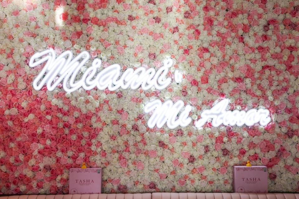 The flower wall at Sugar Factory in Miami Beach.