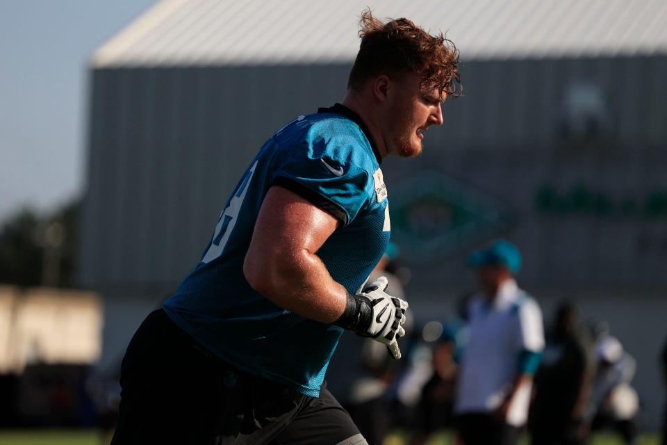 Jacksonville Jaguars offensive tackle Ben Bartch (78) warms up Tuesday, Aug. 1, 2023 at Miller Electric Center at EverBank Stadium in Jacksonville, Fla. Today marked the first padded practice. 