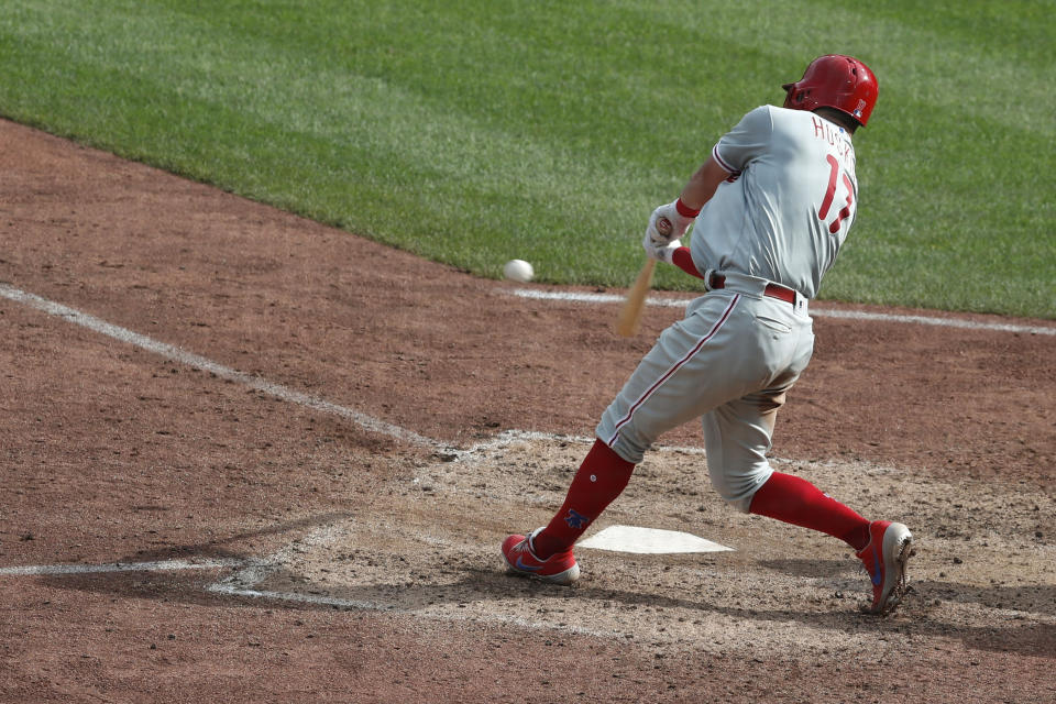 Philadelphia Phillies' Rhys Hoskins hits a solo home run in the eleventh inning of a baseball game, Sunday, July 21, 2019, in Pittsburgh. The Phillies won 2-1. (AP Photo/Keith Srakocic)