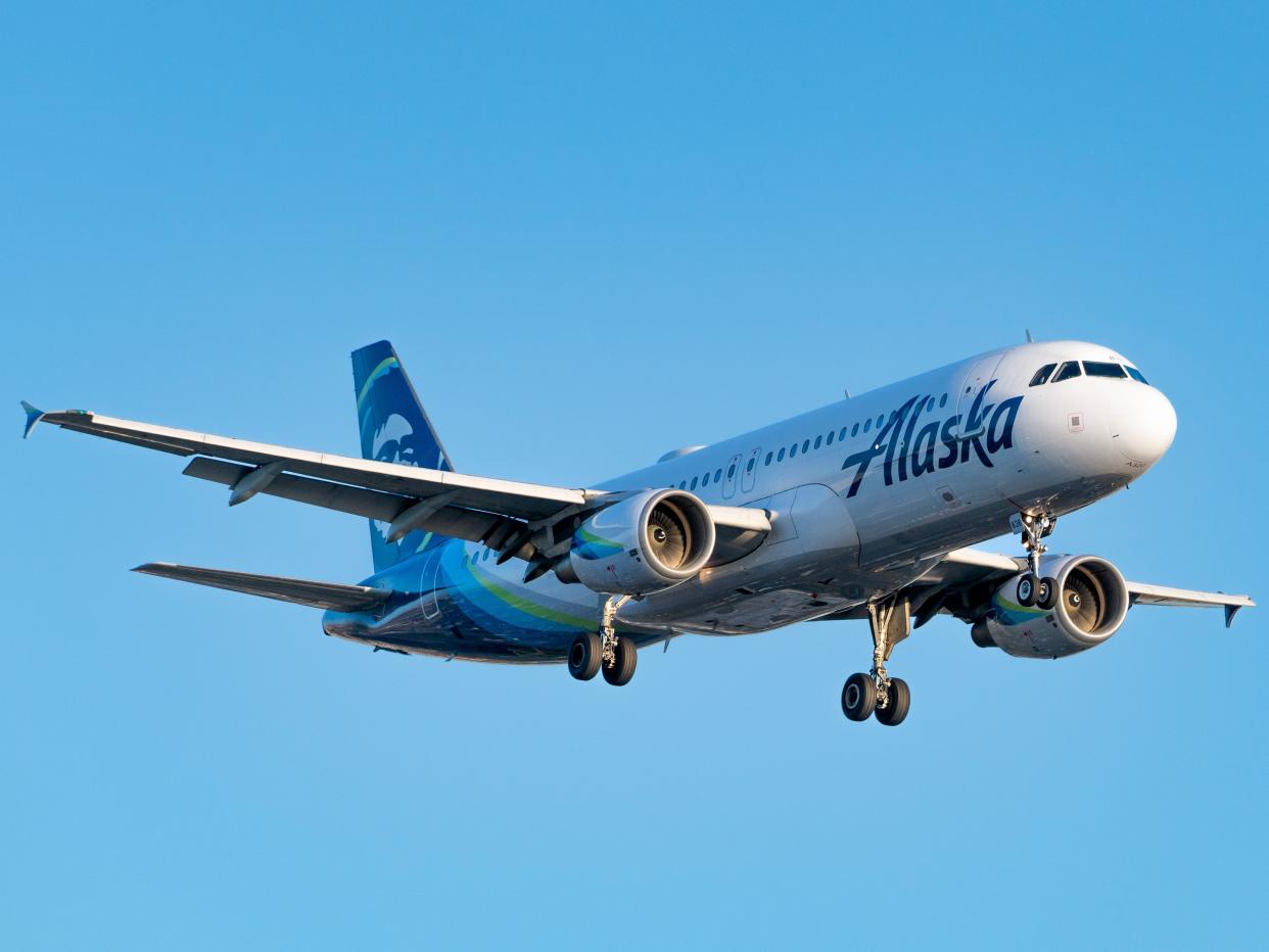 An Alaska Airlines plane in flight.