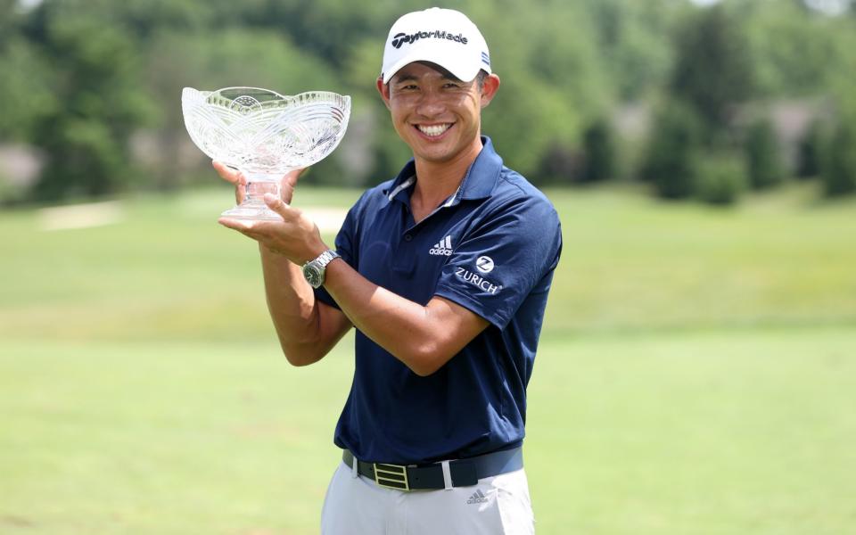 Collin Morikawa with the trophy - Collin Morikawa denies Justin Thomas in dramatic play-off to win second PGA Tour title - GETTY IMAGES