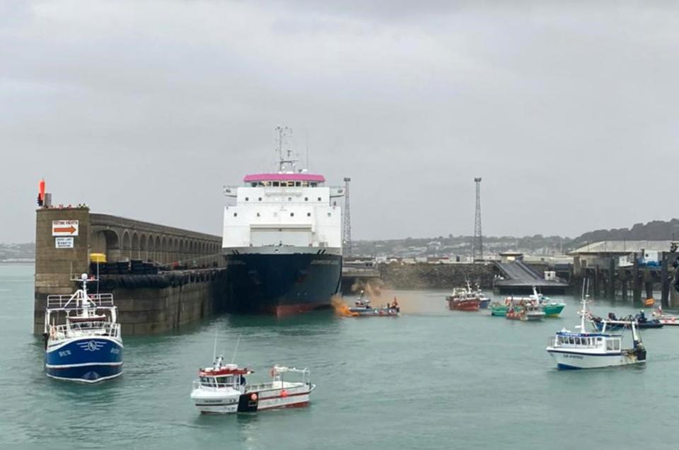 French fishing vessels staging a protest outside the harbour at St Helier, Jersey in the row over post-Brexit fishing rights (PA)