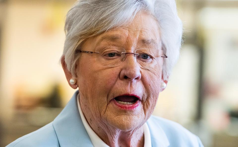 Alabama Governor Kay Ivey speaks to the media Aug. 16 after handing out books and reading to second grade students at Dozier Elementary School in Montgomery.